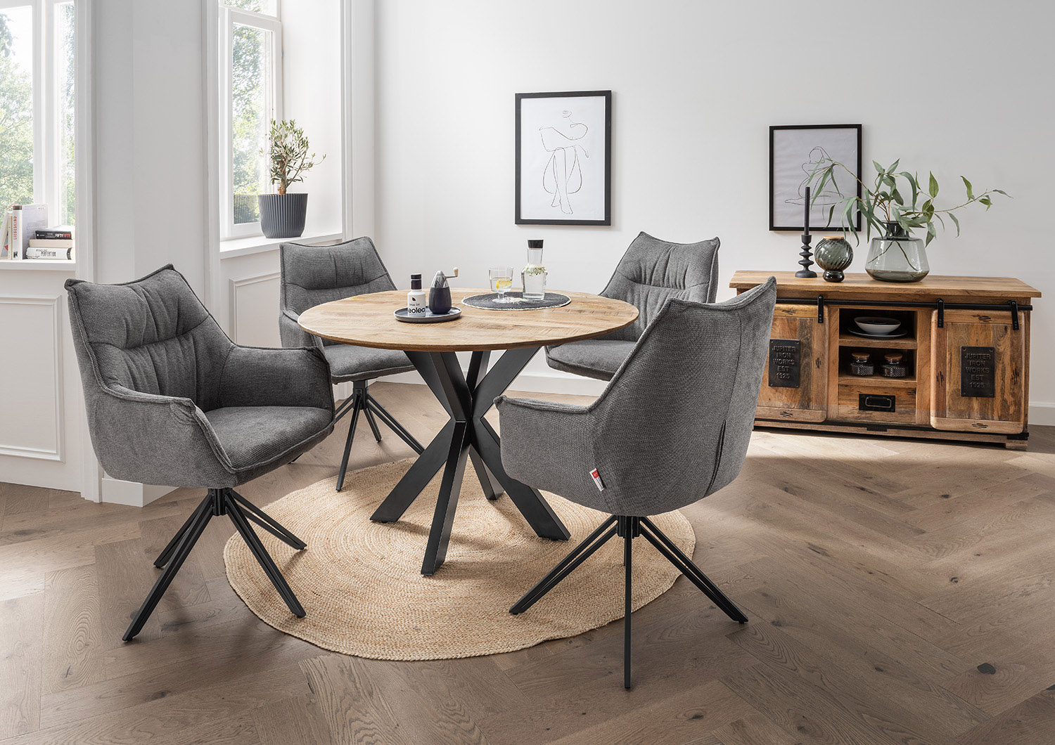 Indoormöbelset Diningsessel Ginosa dark grey & Tisch Avola 110cm Cross