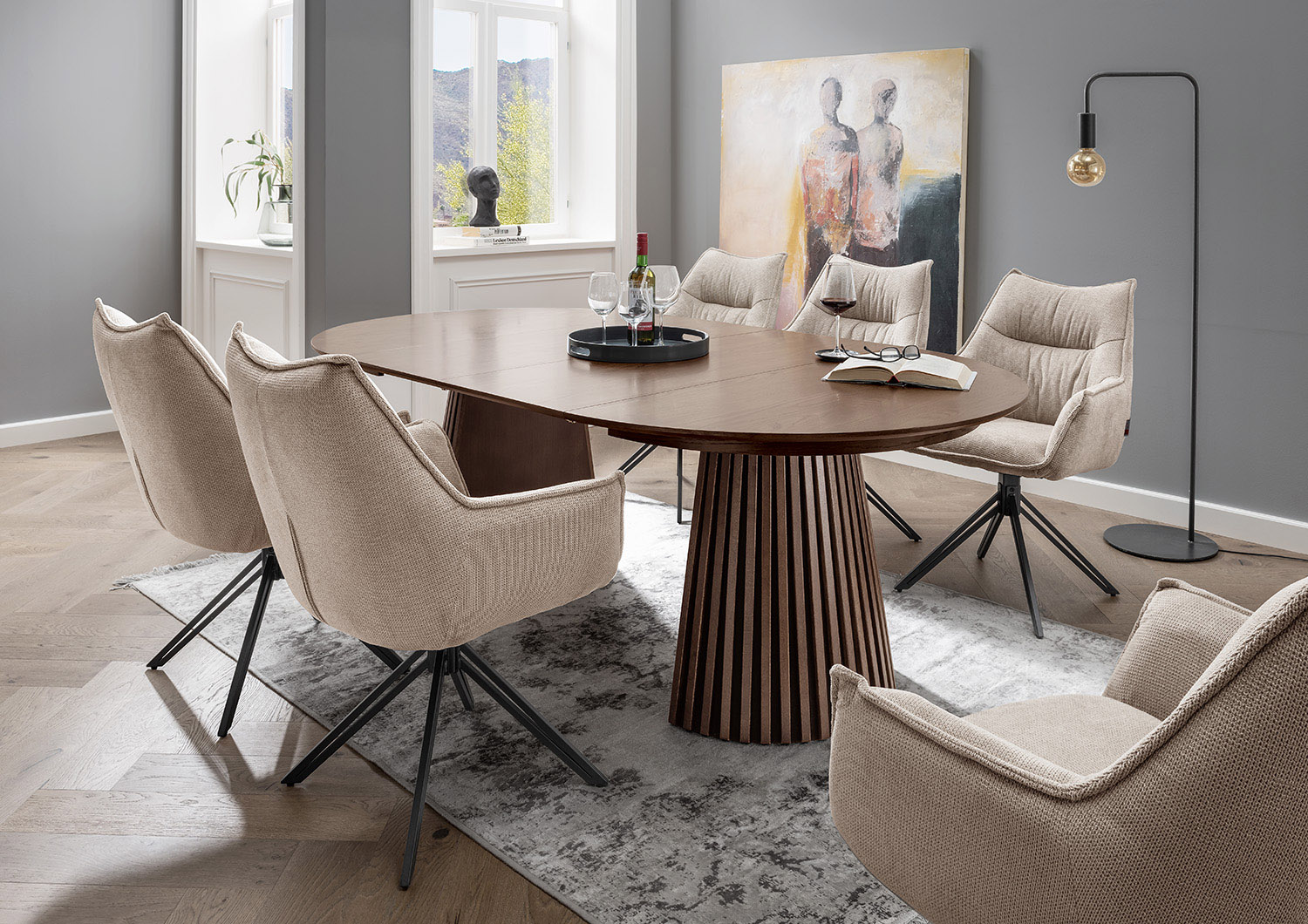 Indoormöbelset Diningsessel Ginosa beige & Tisch Barletta smoked oak oval ausziehbar