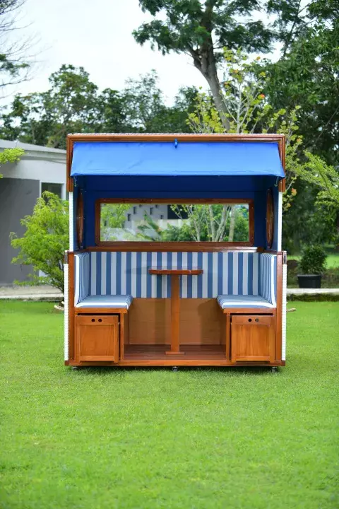 Gosch-Lounge Strandkorb 6-Sitzer Mahagoni PVC Weiss Dessin Blau/Weiss