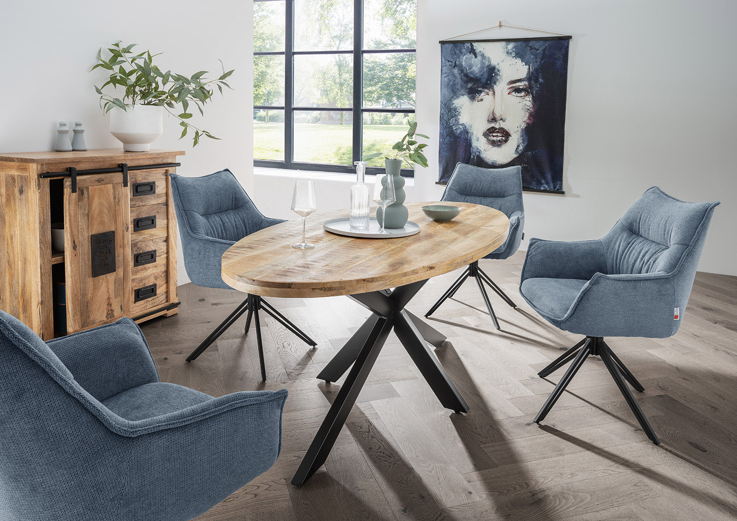 Indoormöbelset Diningsessel Ginosa blau & Tisch Avola 180x90cm Cross