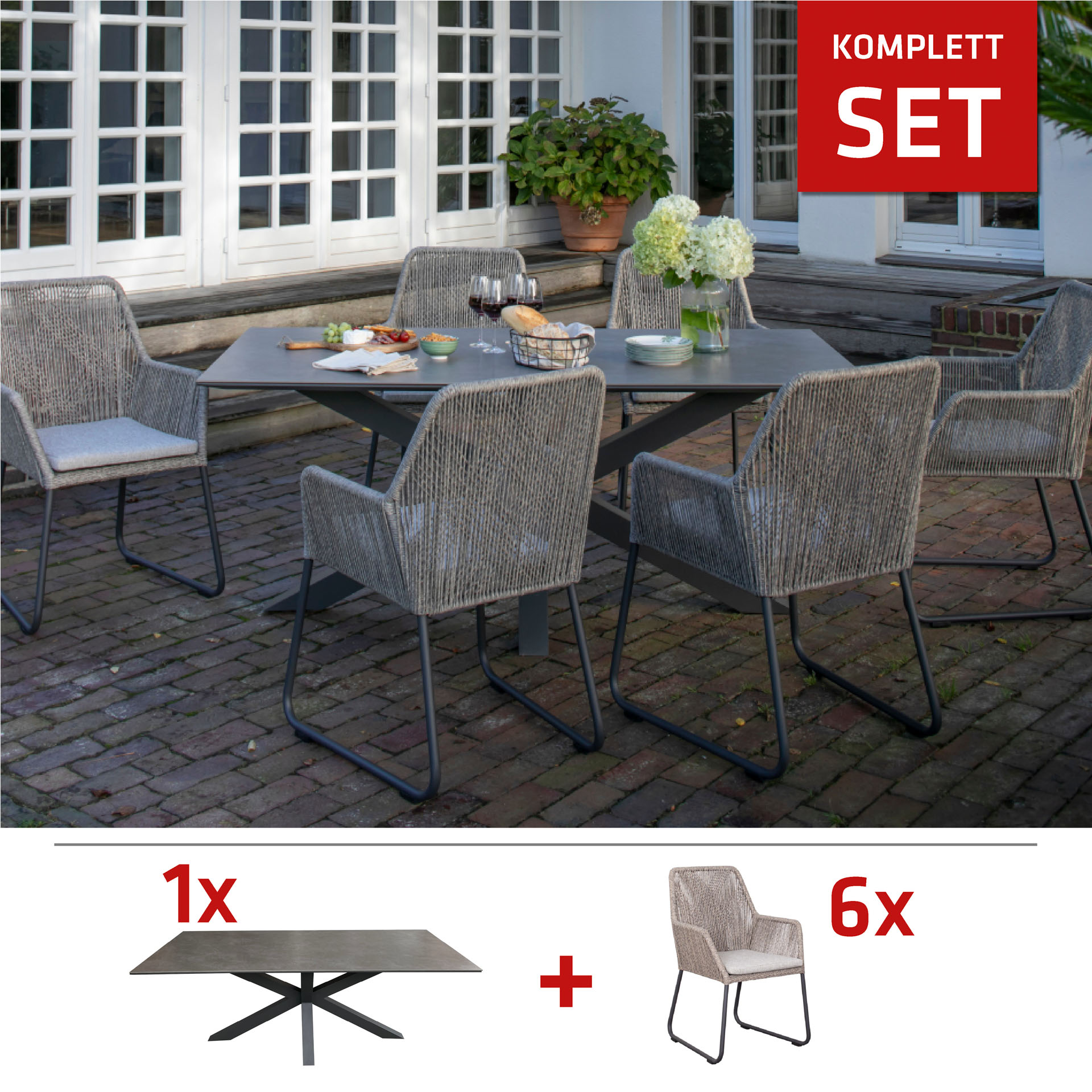 SET / Livingston Tisch light 200 x 90 cm + Adora Diningsessel PE twisted white coral