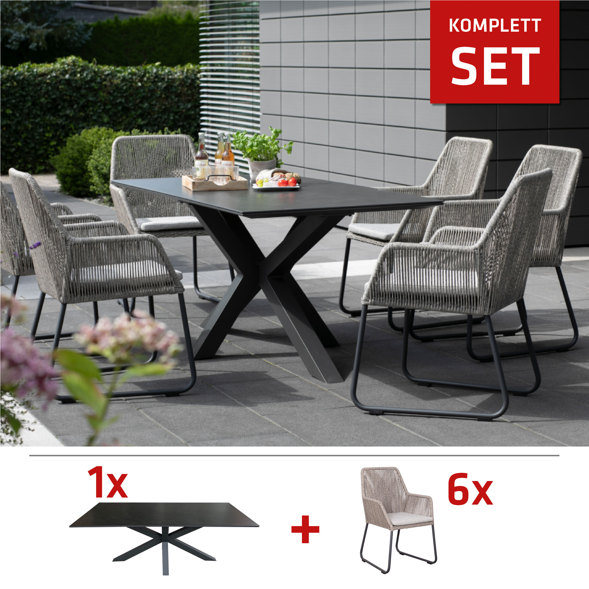 SET / Livingston Tisch dark 200 x 90 cm + Adora Diningsessel PE twisted white coral