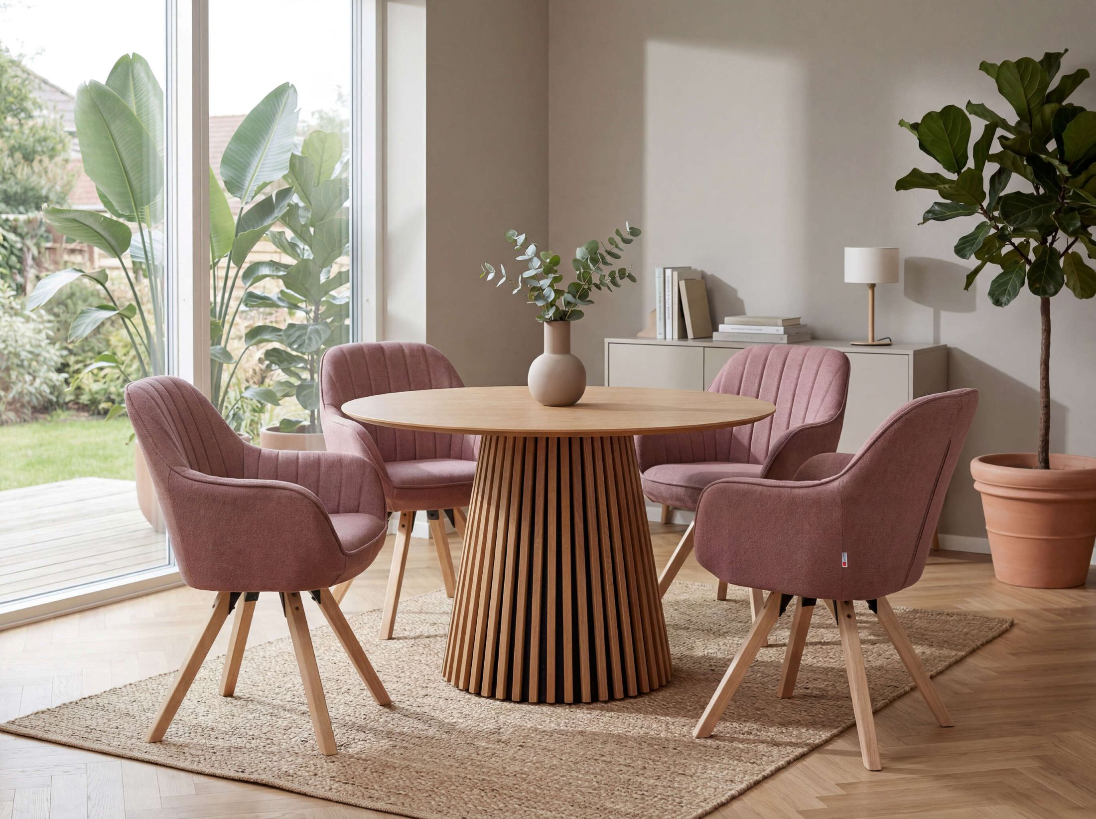 Esszimmer Set Matera rosé FSC®-zertifiziert & Tisch Oria rund Natur Oak