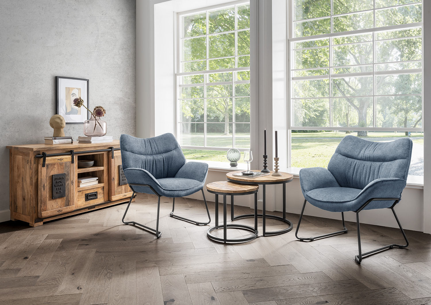 Indoormöbelset Diningsessel Ginosa beige & Tisch Barletta smoked oak rund 120cm