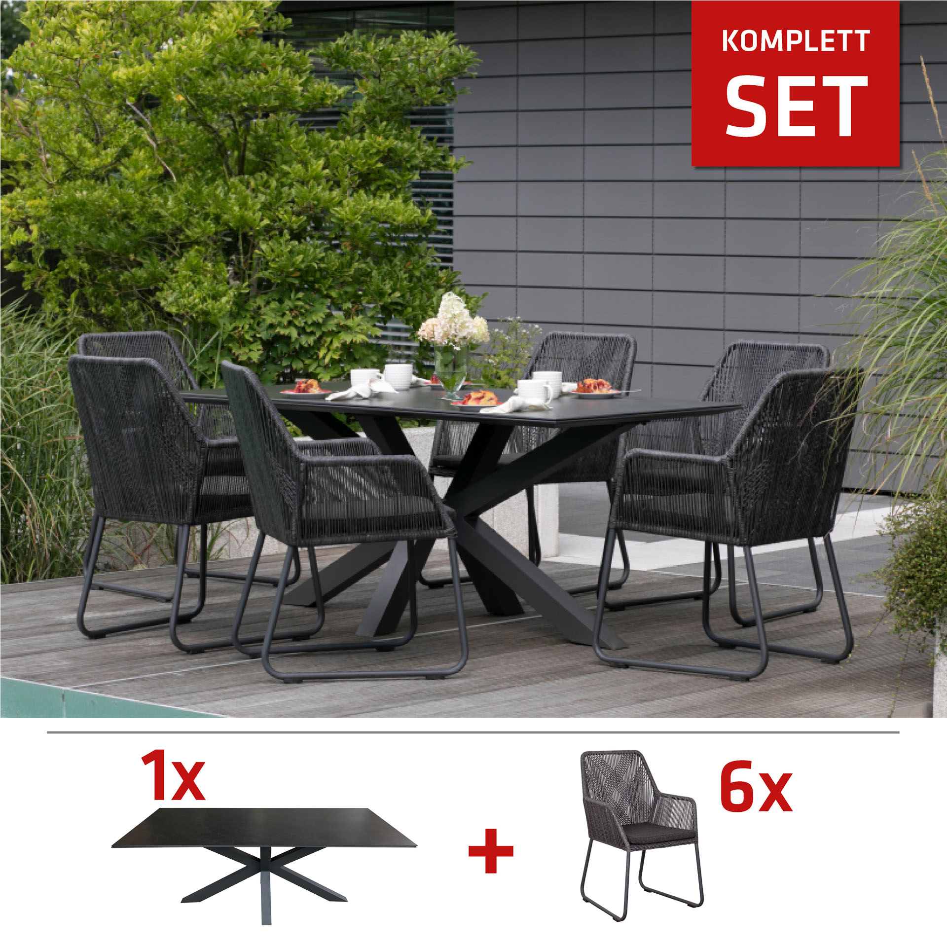 SET / Livingston Tisch dark 200 x 90 cm + Adora Diningsessel PE twisted light coal